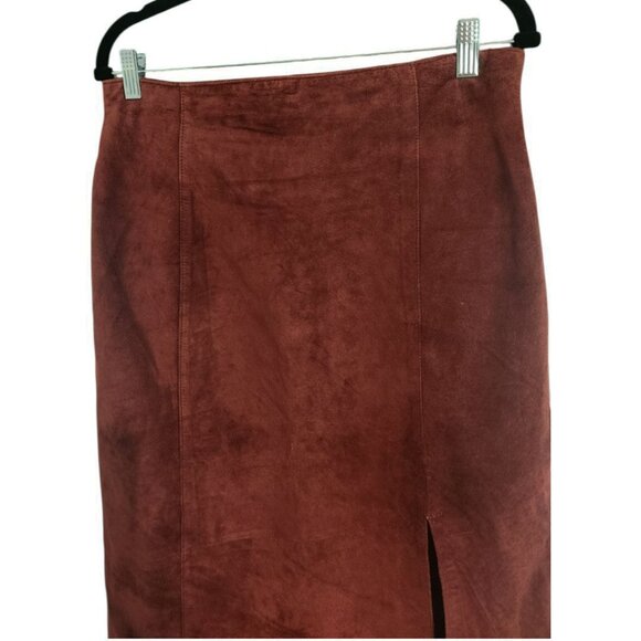 Rusty Brown Suede Leather Side Slit Midi Skirt Petite Size 14 - Picture 3 of 10